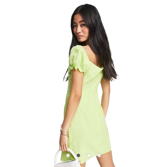 Collective the Label puff sleeve tie front mini dress in lime green US 4 - Picture 2 of 8